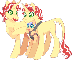 Size: 379x318 | Tagged: safe, artist:atlantropa, flam, flim, oc, oc:ruby rhapsody, pony, unicorn, g4, baby, baby carrier, baby pony, father and child, father and daughter, female, filly, hoofbump, leonine tail, male, missing cutie mark, offspring, parent:flim, parent:sapphire shores, simple background, transparent background, uncle and niece