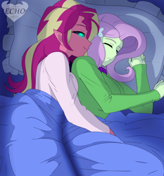 Size: 2800x3000 | Tagged: safe, artist:ponyecho, fluttershy, sunset shimmer, demon, equestria girls, g4, bed, clothes, cuddling, duo, duo female, female, glowing eyes, high res, lesbian, night, pajamas, ship:sunshyne, shipping, sleeping, sleeping together, snuggling, spooning, sunset satan