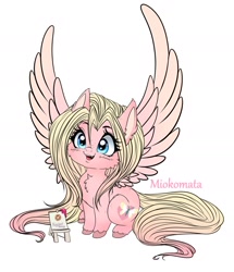 Size: 1566x1818 | Tagged: safe, artist:tawnysweet, oc, oc only, oc:mio, pegasus, pony, cheek fluff, chest fluff, chibi, cute, female, freckles, large wings, mare, simple background, solo, spread wings, unshorn fetlocks, white background, wings