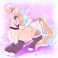 Size: 3540x3492 | Tagged: safe, artist:tuzz-arts, oc, oc only, oc:cool ginger, pegasus, pony, blue eyes, bow, choker, clothes, colored hooves, colored wings, colored wingtips, ear piercing, earring, femboy, hair over one eye, high res, jewelry, leg warmers, lipstick, male, markings, multicolored hair, nonbinary, pegasus oc, piercing, pony oc, ponytail, purple background, simple background, socks, solo, tail bow, trap, wings