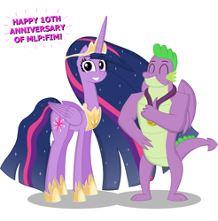 Size: 2042x2077 | Tagged: safe, artist:happyb0y95, spike, twilight sparkle, alicorn, dragon, pony, mlp fim's tenth anniversary, g4, the last problem, blue hair, crown, cutie mark, duo, eyelashes, eyes closed, female, gigachad spike, grin, hand on hip, happy birthday mlp:fim, high res, horn, jewelry, long hair, looking at you, male, mare, multicolored hair, necklace, older, older spike, older twilight, older twilight sparkle (alicorn), pink hair, princess twilight 2.0, purple eyes, purple hair, regalia, simple background, smiling, tail, teeth, text, thumbs up, twilight sparkle (alicorn), white background, winged spike, wings
