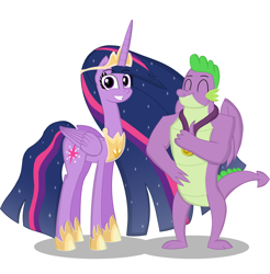 Size: 2042x2077 | Tagged: safe, artist:happyb0y95, spike, twilight sparkle, alicorn, dragon, pony, mlp fim's tenth anniversary, g4, the last problem, blue hair, crown, cutie mark, duo, eyelashes, eyes closed, female, gigachad spike, grin, hand on hip, happy birthday mlp:fim, high res, horn, jewelry, long hair, looking at you, male, mare, multicolored hair, necklace, older, older spike, older twilight, older twilight sparkle (alicorn), pink hair, princess twilight 2.0, purple eyes, purple hair, regalia, simple background, smiling, tail, teeth, textless, thumbs up, twilight sparkle (alicorn), white background, winged spike, wings