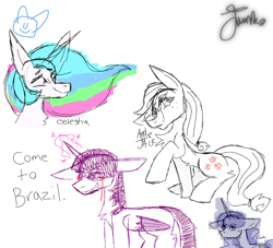 Size: 1100x1000 | Tagged: safe, artist:php163, applejack, princess celestia, princess luna, twilight sparkle, alicorn, earth pony, pony, g4, bleeding eyes, blood, colored sketch, creepypasta, crying, ethereal mane, meme, parody, signature, simple background, sketch, sketch dump, tears of blood, white background, you're going to brazil