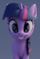 Size: 538x782 | Tagged: safe, artist:therealdjthed, twilight sparkle, pony, unicorn, g4, 3d, blender, cute, female, gray background, grin, looking at you, mare, realistic, simple background, smiling, solo, squee, twiabetes, unicorn twilight