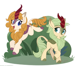 Size: 1616x1406 | Tagged: safe, artist:maybehawthorn, oc, oc only, oc:flash point, oc:sage song, kirin, blue eyes, cloven hooves, colored eartips, colored hooves, colored horn, cute, cute little fangs, duo, fangs, female, grass, horn, jungle, kirin oc, leaping, leg fluff, lidded eyes, lightly watermarked, looking at each other, mare, ocbetes, open mouth, raised hoof, signature, simple background, smiling, standing, teal eyes, transparent background, watermark