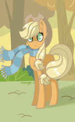 Size: 900x1459 | Tagged: safe, artist:starlight-j, applejack, earth pony, pony, g4, applejack's hat, autumn, clothes, cowboy hat, female, hat, mare, scarf, signature, smiling, solo, tree