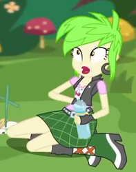 Size: 325x413 | Tagged: safe, screencap, cherry crash, equestria girls, g4, lost and pound, lost and pound: rarity, my little pony equestria girls: better together, boots, clothes, cropped, ear piercing, earring, female, jewelry, miniskirt, outdoors, piercing, plaid skirt, shoes, skirt, solo, vest, water bottle
