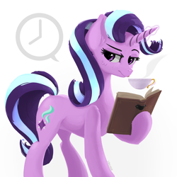 Size: 2048x2048 | Tagged: safe, artist:qzygugu, starlight glimmer, pony, unicorn, g4, book, cup, high res, levitation, looking away, magic, simple background, solo, teacup, telekinesis, white background, wrong eye color