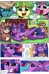 Size: 1800x2740 | Tagged: safe, artist:candyclumsy, oc, oc:candy clumsy, oc:king speedy hooves, oc:queen galaxia (bigonionbean), oc:tommy the human, alicorn, earth pony, pegasus, pony, unicorn, comic:attack on an alicorn, alicorn oc, child, colt, comic, commissioner:bigonionbean, cuddling, cute, cutie mark, daaaaaaaaaaaw, dialogue, father and child, father and son, female, flashback, fusion, fusion:big macintosh, fusion:flash sentry, fusion:princess cadance, fusion:princess celestia, fusion:princess luna, fusion:shining armor, fusion:trouble shoes, fusion:twilight sparkle, happy, horn, husband and wife, jewelry, magic, male, mare, mother and child, mother and son, paper, park, random pony, regalia, scroll, sleeping, squee, stallion, wings, writer:bigonionbean
