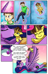 Size: 1800x2740 | Tagged: safe, artist:candyclumsy, oc, oc:queen galaxia (bigonionbean), oc:tommy the human, alicorn, human, pony, comic:attack on an alicorn, alicorn oc, apologetic, blushing, child, colt, comic, commissioner:bigonionbean, cuddling, cute, cutie mark, daaaaaaaaaaaw, dialogue, female, flashback, fusion, fusion:princess cadance, fusion:princess celestia, fusion:princess luna, fusion:twilight sparkle, happy, help, horn, hug, human oc, human to pony, kissing, magic, male, mare, mother and child, mother and son, nuzzling, snuggling, transformation, wings, writer:bigonionbean