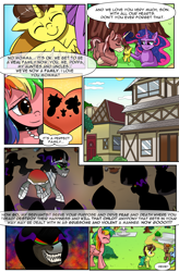 Size: 1800x2740 | Tagged: safe, artist:candyclumsy, king sombra, oc, oc:candy clumsy, oc:king speedy hooves, oc:queen galaxia (bigonionbean), oc:tommy the human, alicorn, earth pony, pegasus, pony, unicorn, comic:attack on an alicorn, g4, alicorn oc, alley, blanket, building, canterlot, child, children, cloaked, colt, comic, commissioner:bigonionbean, covering, cuddling, cute, daaaaaaaaaaaw, dialogue, evil, evil smile, father and child, father and son, female, flashback, foal, fusion, fusion:big macintosh, fusion:flash sentry, fusion:princess cadance, fusion:princess celestia, fusion:princess luna, fusion:shining armor, fusion:trouble shoes, fusion:twilight sparkle, grin, happy, help, hooded cape, horn, houses, hug, husband and wife, kids, kissing, magic, male, mare, mother and child, mother and son, mysterious, nuzzling, park, random ponies, random pony, smiling, snuggling, stallion, town, trash, village, wings, writer:bigonionbean