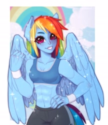 Size: 1250x1450 | Tagged: safe, artist:emmarainbow13, rainbow dash, human, g4, abs, breasts, cleavage, clothes, cloud, eared humanization, female, grin, humanized, pony coloring, rainbow, shorts, signature, sky, smiling, solo, sports bra, sports shorts, tailed humanization, winged humanization, wings, wristband