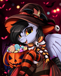 Size: 2550x3209 | Tagged: safe, artist:pridark, part of a set, oc, oc only, pegasus, pony, candy, clothes, commission, food, halloween, hat, high res, holiday, jack-o-lantern, open mouth, pumpkin, socks, solo, striped socks, wings, witch hat, ych result