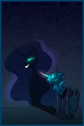 Size: 1024x1528 | Tagged: safe, artist:stormcloud-yt, nightmare moon, princess luna, g4, crying, dark side, duality, evil grin, glowing eyes, glowing horn, grin, horn, shadow, smiling