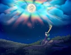 Size: 6540x5040 | Tagged: safe, artist:stormcloud-yt, princess celestia, pony, g4, banishment, cloud, crying, field, full moon, glowing horn, horn, lying down, mare in the moon, moon, night, prone, sad, sky, solo, spread wings, stars, wings