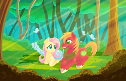 Size: 2160x1390 | Tagged: safe, alternate version, anonymous artist, big macintosh, fluttershy, butterfly, earth pony, pegasus, pony, series:fm holidays, g4, blanket, crepuscular rays, dust motes, female, forest, lineless, looking at each other, lying down, male, mare, mouth hold, prone, redraw, remake, ship:fluttermac, shipping, stallion, straight, sunlight