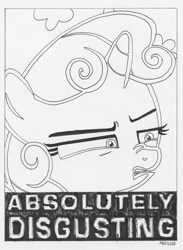 Size: 880x1200 | Tagged: safe, artist:abronyaccount, sweetie belle, pony, g4, the big mac question, absolutely disgusting, black and white, disgusted, faic, female, grayscale, ink drawing, inktober, inktober 2020, lettering, mare, meme, monochrome, reaction image, signature, solo, trace, traditional art