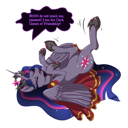 Size: 1920x1920 | Tagged: safe, artist:ghouleh, twilight sparkle, alicorn, pony, g4, the last problem, cloak, clothes, crown, element of magic, female, hooves in air, i am the night, jewelry, legs in air, mare, older, older twilight, older twilight sparkle (alicorn), princess, princess twilight 2.0, regalia, sharp teeth, silly, silly pony, solo, teeth, twilight sparkle (alicorn), tyrant sparkle, whining