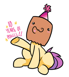 Size: 706x776 | Tagged: safe, artist:paperbagpony, oc, oc:paper bag, mlp fim's tenth anniversary, blushing, happy birthday mlp:fim, hat, party hat, simple background, white background