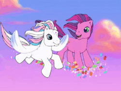 Size: 640x480 | Tagged: safe, screencap, skywishes, star catcher, butterfly, earth pony, pegasus, pony, dancing in the clouds, g3, animated, female, flying, lidded eyes, looking at each other, mare, smiling, sound, talking, webm, windswept mane