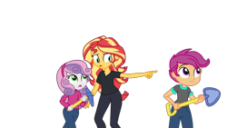 Size: 2944x1656 | Tagged: safe, artist:gmaplay, scootaloo, sunset shimmer, sweetie belle, all the world's off stage, equestria girls, g4, my little pony equestria girls: better together, director shimmer, pickaxe, school play, shovel, simple background, transparent background