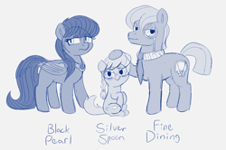 Size: 1844x1222 | Tagged: safe, artist:heretichesh, silver spoon, oc, oc:black pearl, oc:fine dining, bat pony, earth pony, pony, g4, family, father and child, father and daughter, female, glasses, happy, headcanon, male, monochrome, monocle, mother and child, mother and daughter, necktie, sketch, smiling, stern, text, wings