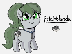 Size: 936x699 | Tagged: safe, artist:heretichesh, oc, oc:pitchblende, earth pony, pony, ore, rock, smiling, solo, text, uranium, uranium rod