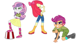 Size: 4800x2700 | Tagged: safe, artist:gmaplay, apple bloom, scootaloo, sweetie belle, equestria girls, g4, my little pony equestria girls: summertime shorts, the canterlot movie club, badass, boots, cutie mark crusaders, shoes, simple background, transparent background