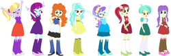 Size: 1687x560 | Tagged: safe, artist:sturk-fontaine, aqua blossom, cloudy kicks, golden hazel, mystery mint, paisley, rose heart, starlight, tennis match, equestria girls, g4, background human, base used, clothes, dress, fall formal outfits, simple background, white background
