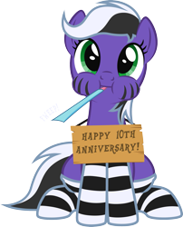 Size: 1683x2085 | Tagged: safe, artist:lightning stripe, derpibooru exclusive, oc, oc only, oc:lightning stripe, earth pony, pony, mlp fim's tenth anniversary, g4, black and white mane, clothes, cute, eyelashes, female, front view, green eyes, happy birthday mlp:fim, looking at you, mare, ocbetes, onomatopoeia, party horn, puffy cheeks, show accurate, sign, simple background, sitting, socks, solo, striped socks, stripes, text, transparent background, two toned mane, two toned tail, vector