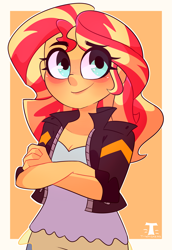 Size: 2827x4100 | Tagged: safe, artist:t-whiskers, sunset shimmer, equestria girls, g4, clothes, crossed arms, female, high res, jacket, orange background, simple background, smiling, solo