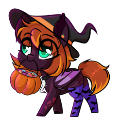 Size: 1280x1315 | Tagged: safe, artist:cloud-fly, oc, oc only, oc:hallow's eve, bat pony, pony, chibi, clothes, female, hat, mare, mouth hold, pumpkin bucket, simple background, socks, solo, transparent background, witch hat