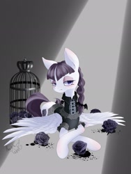 Size: 1536x2048 | Tagged: safe, artist:psaxophone, inky rose, pegasus, pony, g4, bird cage, black rose, braid, clothes, female, flower, goth, mare, rose, solo