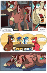 Size: 2036x3148 | Tagged: safe, artist:candyclumsy, big macintosh, flash sentry, shining armor, trouble shoes, oc, oc:king speedy hooves, alicorn, clydesdale, earth pony, pegasus, pony, unicorn, comic:the birth of speedy hooves, g4, butt, comic, commissioner:bigonionbean, confused, confusion, cutie mark, dialogue, exhausted, flank, flashback, fusion, fusion:big macintosh, fusion:flash sentry, fusion:shining armor, fusion:trouble shoes, high res, male, passed out, plot, shocked, sleeping, stallion, surprised, table, thought bubble, thoughts, unshorn fetlocks, writer:bigonionbean