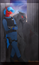 Size: 608x998 | Tagged: safe, artist:chao-xing, oc, oc only, cyborg, earth pony, anthro, unguligrade anthro, blood, blood stains, cigarette, clothes, commission, crossed arms, glowing eyes, gun, leaning, long hair, male, monster, no pupils, police, police officer, red eyes, rifle, scar, sharp teeth, smoke, smoking, stallion, teeth, uniform, vest, watermark, weapon