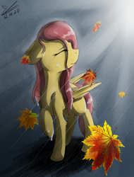 Size: 1021x1343 | Tagged: safe, artist:yuris, fluttershy, pegasus, pony, butt, chest fluff, crepuscular rays, elbow fluff, eyes closed, female, floppy ears, folded wings, head turn, leaves, leaves in hair, mare, plot, profile, rain, raised hoof, smiling, solo, standing, stray strand, wet, wet mane, wings