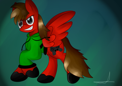 Size: 3100x2200 | Tagged: safe, artist:almaustral, oc, oc only, pegasus, pony, clothes, grin, high res, pegasus oc, raised hoof, signature, smiling, solo, unshorn fetlocks, wings