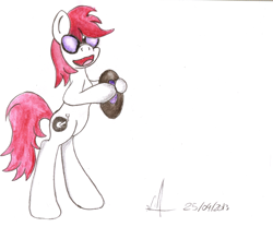 Size: 2540x2111 | Tagged: safe, artist:almaustral, oc, oc only, earth pony, pony, :d, bipedal, disc, earth pony oc, high res, hoof hold, open mouth, signature, smiling, solo, sunglasses, traditional art