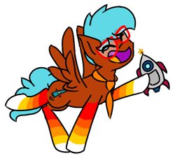 Size: 650x580 | Tagged: safe, artist:raypanda, oc, oc only, pegasus, pony, :d, glasses, necktie, open mouth, pegasus oc, rocket, simple background, smiling, solo, transparent background, wings