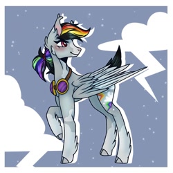 Size: 1000x1000 | Tagged: safe, artist:general-honeybee, rainbow dash, pegasus, pony, g4, coat markings, concave belly, female, g5 concept leak style, g5 concept leaks, goggles, hooves, looking back, mare, rainbow dash (g5 concept leak), raised hoof, redesign, simple background, slender, solo, spread wings, thin, wings