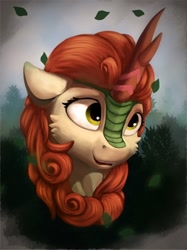 Size: 1000x1337 | Tagged: safe, artist:itssim, autumn blaze, kirin, g4, bust, female, floppy ears, leaves, looking away, looking up, mare, open mouth, open smile, portrait, smiling, solo, three quarter view