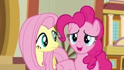 Size: 1280x720 | Tagged: safe, screencap, fluttershy, pinkie pie, earth pony, pegasus, pony, common ground, g4, duo, female, mare