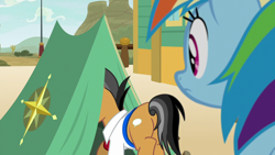 Size: 1280x720 | Tagged: safe, screencap, quibble pants, rainbow dash, earth pony, pony, common ground, g4, butt, female, male, mare, plot, quibble butts, stallion, tent