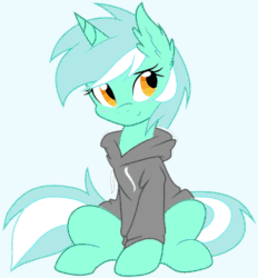 Size: 488x525 | Tagged: source needed, safe, artist:ambris, lyra heartstrings, pony, unicorn, fanfic:background pony, animated, blushing, clothes, cute, daaaaaaaaaaaw, dig the swell hoodie, female, gif, hoodie, looking at you, lyrabetes, mare, simple background, sitting, smiling, solo, tail wag, weapons-grade cute