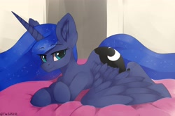 Size: 4096x2731 | Tagged: safe, artist:thesas110, princess luna, alicorn, pony, g4, big ears, chest fluff, crossed hooves, ear fluff, female, high res, horn, looking at you, lying down, mare, prone, solo