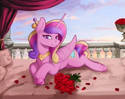 Size: 3280x2610 | Tagged: safe, artist:kelkessel, princess cadance, alicorn, pony, g4, bed, female, flower, high res, horn, looking at you, mare, rose, sky, solo, wings