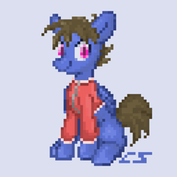 Size: 1344x1344 | Tagged: safe, artist:roachtoon, oc, oc only, oc:cobolt sky, oc:roachtoon, pegasus, pony, clothes, colored pupils, folded wings, jacket, looking at you, male, pixel art, simple background, sitting, smiling, solo, varsity jacket, white background, wings