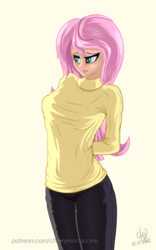 Size: 1200x1920 | Tagged: safe, artist:cherrymocaccino, artist:zuko42, fluttershy, human, art pack:music album 'e.g.8 themes', equestria girls, g4, adorasexy, arm behind back, blushing, breasts, busty fluttershy, clothes, cute, eyeshadow, female, humanized, makeup, pants, sexy, shyabetes, solo