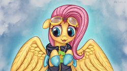 Size: 1920x1080 | Tagged: safe, artist:eltaile, fluttershy, pegasus, pony, g4, blushing, bunny ears, clothes, costume, cute, dangerous mission outfit, female, floppy ears, goggles, hoodie, hoof hold, juice, juice box, mare, open mouth, shyabetes, sky, solo, tongue out, wings