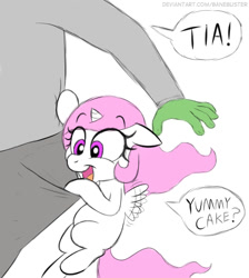 Size: 460x513 | Tagged: safe, artist:banebuster, princess celestia, oc, oc only, oc:anon, alicorn, pony, series:tiny tia, g4, cewestia, cute, eager, female, filly, flying, pink-mane celestia, pocket, solo, that pony sure does love cakes, younger